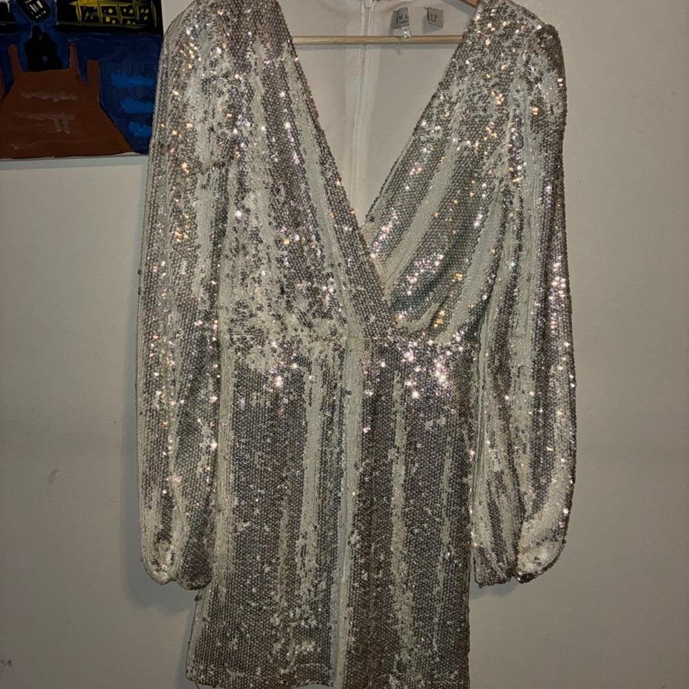 WAYF Silver Long-Sleeve Sequin Mini Dress – XS – Good Condition